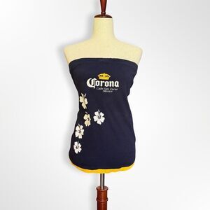 Y2K Corona Beer Logo Navy Blue Hibiscus Tube Top, L Summer Vacation